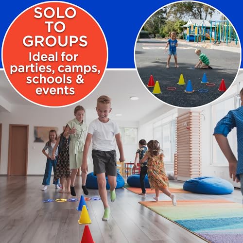 Ring Toss Game, Obstacle Course for Kids 3-5 & Birthday Party Games, Carnival Bean Bags for Tossing Gross Motor Toys for Toddlers 3-5, 12 Rings & 12 Bean Bags, 6 Cones for Kids, PE Equipment