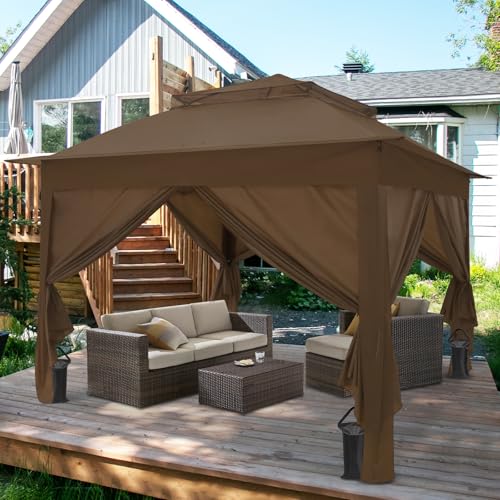 COOS BAY 11x11 Pop Up Gazebo with 4 Sidewalls, Instant Outdoor Canopy Tent with UPF 50+ UV Protection, Water Resistant Shelter with Carry Bag, Stakes & Ropes, Brown - color: Brown