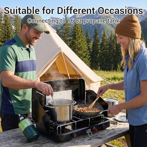 FineFlame Camping Stove, Propane Portable Camp Stove with Regulator, Push-Button Instant Ignition, Adjustable Burners & Wind Guards for Car BBQ Picnics Outdoor Camping Cooking (13000BTU-2 Burners) - color: BLACK-13000BTU-2 Burners
