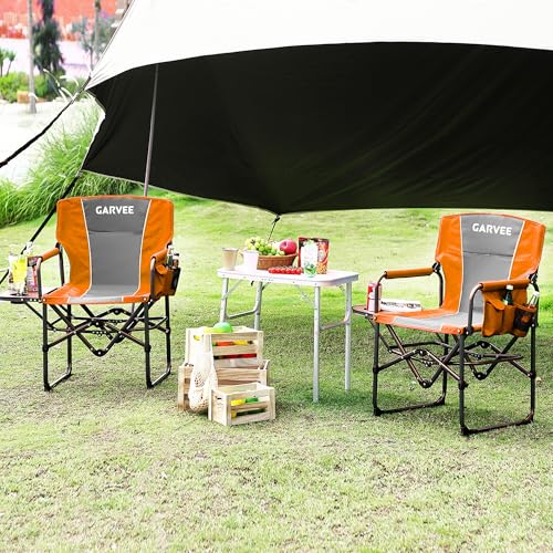 GarveeLife Oversized Directors Camping Chair, Portable Folding Chair for Adults Support 400 lbs, Heavy Duty Lawn Chair with Side Table, for Camping, Sports, Picnic, Beach, Fishing (2 PCS, Orange) - color: Orange, style: 2 PCS