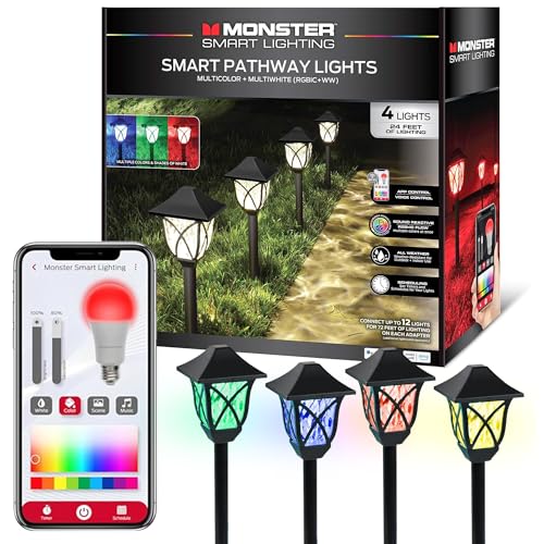 Monster Smart RGB+IC+WW Pathway Lights with 4 Dimmable LED Lights - Sound Reactive Garden Light, Weatherproof IP44 Outdoor Lighting - Compatible with Alexa, Google Assistant, Siri, Monster App