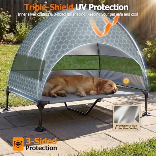 Elevated Dog Bed with UV-Proof Canopy, Outdoor Dog Tent with Powerful Adjustable Feet, Portable Pet Cot with Wider Shade, Raised Cooling Bed for Camping, Patio, Beach, Poolside - color: Gray, size: X-large: 50.0"l X 32.0"w X 42.5"th
