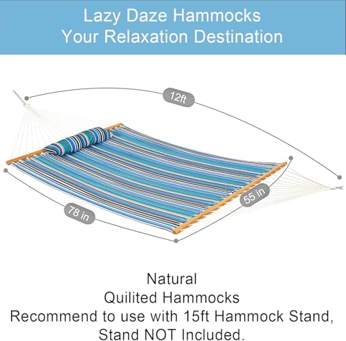 Lazy Daze Hammocks 12 FT Quilted Fabric Double Hammock with Spreader Bars and Detachable Pillow, 450lbs Weight Capacity - color: Peacock Green Stripe