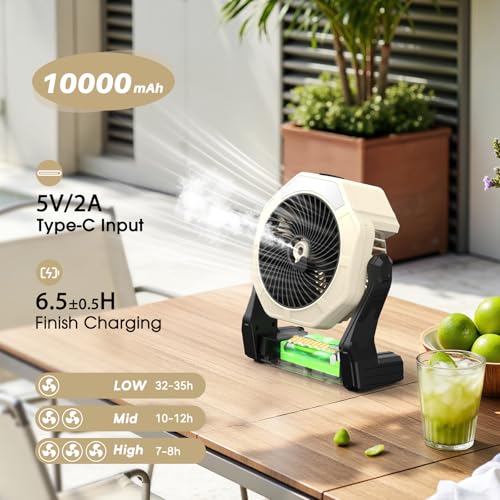 Ausic Portable Misting fan, 8-Inch Cooling Mist Fans, [8-35Hrs] USB Rechargeable Battery Powered Fan with Mister, 250mL Water Tank & LED Lantern, for Home Desk, Bedroom, Office, Outdoor&Indoor Use - color: White, size: 8-35Hrs Runtime