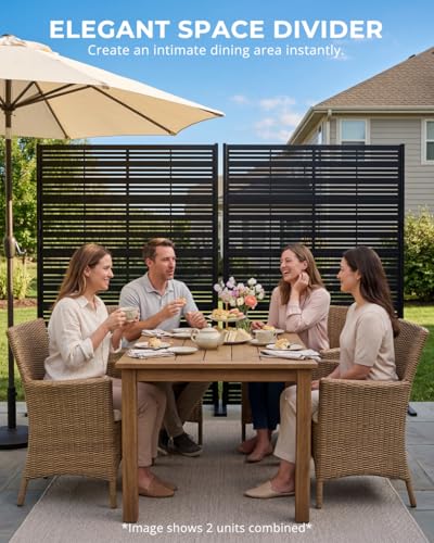 Outdoor Privacy Screen 72" H x 47" W | 37lb Heavy-Duty Metal Fence Panel, Matte Black | Freestanding with Expansion Anchors for Patio, Balcony, Pool, Deck — Modern Slatted Design - color: Matte Black