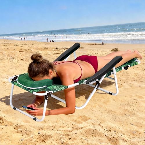 ABORON Tanning Chair with Face Hole, 5-Position Adjustable Reclining Beach Lounge Chair, Folding Face Down Sun Lounger for Beach, Poolside, Patio, Lawn, Home - color: Green