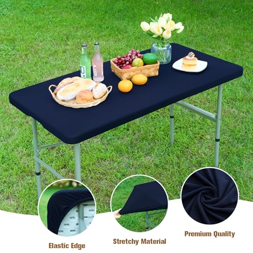 Fitted Rectangle Tablecloth 24 x 48 Inch Elastic Table Cloth for 4ft Table, Stretch Spandex Table Cover Navy Washable Polyester Table Top Cap Cover for Dining Picnic Camping Indoor and Outdoor - color: Navy, size: 48" x 24" (Rectangular)