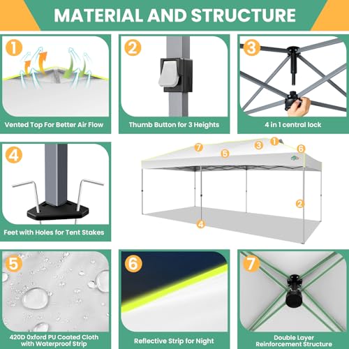 COBIZI 10x20 Pop Up Canopy Tent, Outdoor Party Tent with 6 Sidewall One Push Setup Glow, 3 Adjustable Height Air Vent Waterproof UPF50+, Bag, 4 Sandbag, 6 Stake, 12 Rope for Beach, Commercial - color: White, size: 10x20
