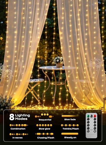 Brightown 600 LED Curtain String Lights, 20 FT Hanging Fairy Lights with Remote, 8 Modes, Waterproof Window Lights for Bedroom Backdrop Wedding Outdoor Christmas Party, Warm White - color: Warm White, size: 600LED