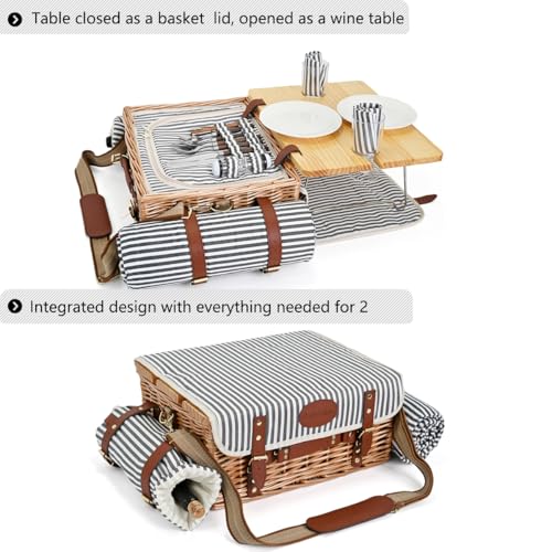 Multifunctional Wicker Picnic Basket Set for 2 with Blanket and Picnic Table, Insulated Picnic Set with Full Tablewares for Camping Outdoor Couples, Stripes - color: Stripes With Blanket &Table for 2