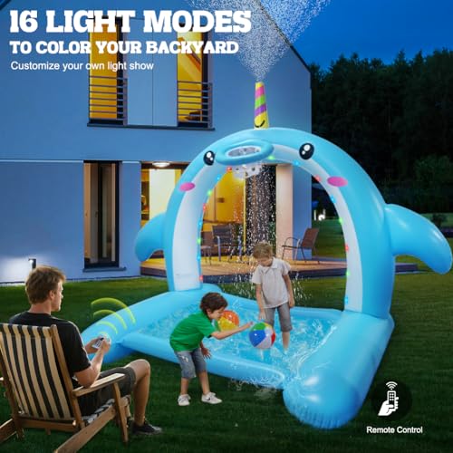 8.7FT Inflatable Whale Sprinkler Water Toys with Basketball Hoop Arch, 3-in-1 Large Splash Pad for Kids & Dogs, 16 LED Lights, Thickened Mat Toys for Outdoor Backyard & Garden Summer Fun - size: 105"