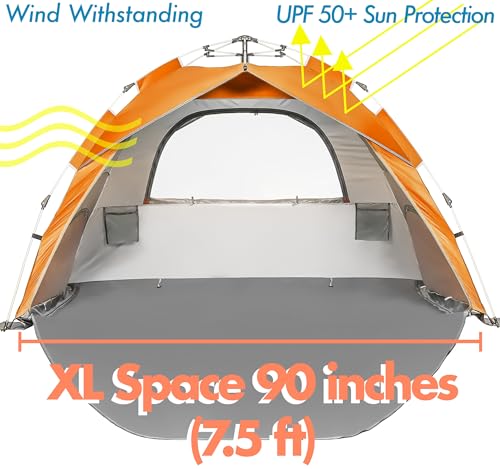 Beach Tent for Family with Kids Pop Up Beach Sun Shade Tent with UPF 50+ UV Protection, Removable Floor Zippered Privacy & Ventilation Sun Shelter Family 3 to 4 Person - color: Orange