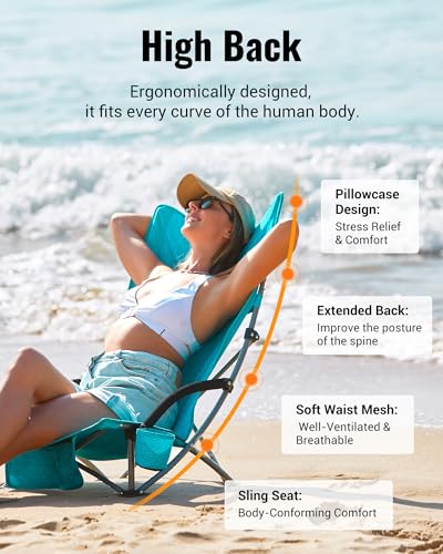 KingCamp Low Beach Chair, High Back Folding Camping Chair for Adults, Oversized Breathable Mesh Seat, 300lbs Heavy Duty Portable Chair with Cup Holder & Storage Pockets for Beach, Outdoor - color: Ergobreeze-cyan-1 Pack