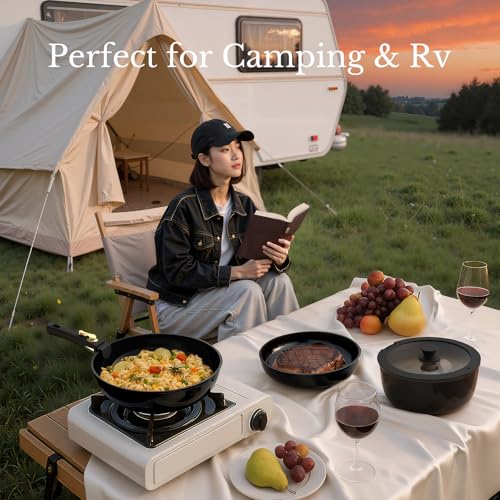 Pots and Pans Set Non Stick, Ceramic Cookware Set Detachable Handle, RV Camping Kitchen Cooking Set Removable Handles, Dishwasher/Oven/Fridge Safe, Induction, Space Saving，Black Gold - color: Black/Gold
