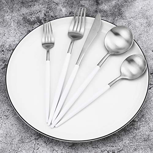 5-Piece Matte Silver Stainless Steel Satin Finish Flatware Set - Dishwasher Safe, Perfect for Camping, Office Lunch or Home Use - color: White Handle Silver, size: Service for 1