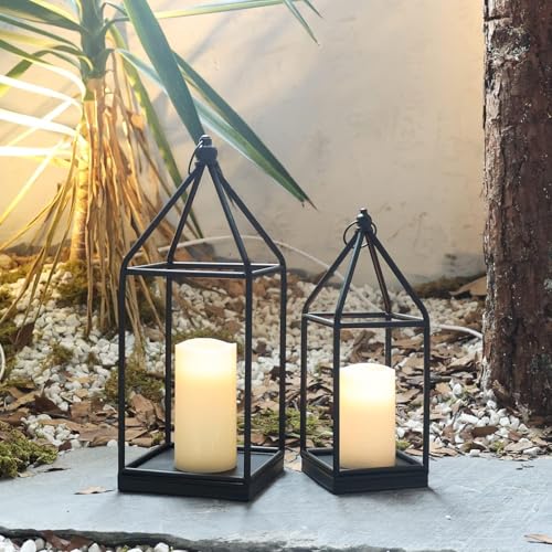 Lantern Decorative Indoor&Outdoor, 18’’&14’’ Large Black Metal Candle Lanterns Decor, Vintage Hanging Holders for Home Porch Wedding Centerpiece, Spring Farmhouse Decorations - color: 18‘’ + 14‘’ / Timer