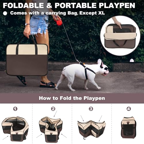 Aivituvin Dog Playpen, Foldable Pet Play Pens with Carrying Bag for Cat, Puppies, Rabbits, Portable Dog Tent Crates Cage for Travel Camping Indoor Outdoor, Removable Shade Cover, Brown L - color: BROWN, size: L
