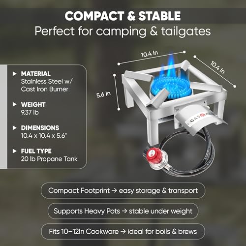 GasOne Stainless Steel Single Propane Burner - Outdoor Cooking with Heat Shield and Guard – Propane Burner Head for Camping, Tailgating, Seafood Boil, Home Brewing - Patented - color: Stainless Steel, size: Single Burner