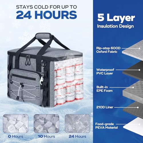 Maelstrom Soft Sided Cooler Bag, 30/40 Can Collapsible Insulated Ice Chest, Large Leakproof Portable Storage for Camping, Travel, Kayaking & Beach - color: 2.Gray, size: 40 Can