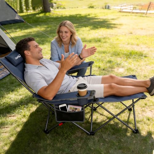 Colorsoul Reclining Camping Chair w/Foot Rest, Adjustable 90°- 135° Lounge Beach Chair for Adults, Heavy Duty Outdoor Folding Chairs w/Padded Pillow, Cup Holder, for Patio Beach, Supports 350lbs,Blue