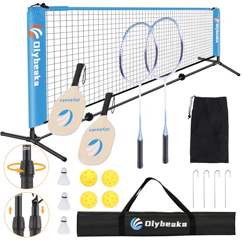 All-in-one Portable Badminton & Pickleball Net Set for Backyard Beach Driveway with Height Adjustable Poles, Durable Net, 2 Aluminum Badminton Rackets + 2 Pickleball Paddles - size: 14 ft