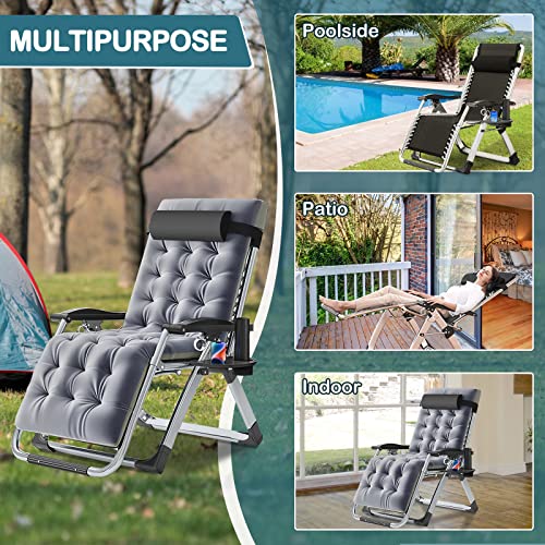 NAIZEA Padded Zero Gravity Chair, Folding Outdoor Lounge Chairs, Adjustable Reclining Camping Chairs with Cup Holder, Ergonomic Patio Lawn Chair for Balcony Beach Deck Yard - color: Grey, style: Zero Gravity Chair 2 Pack