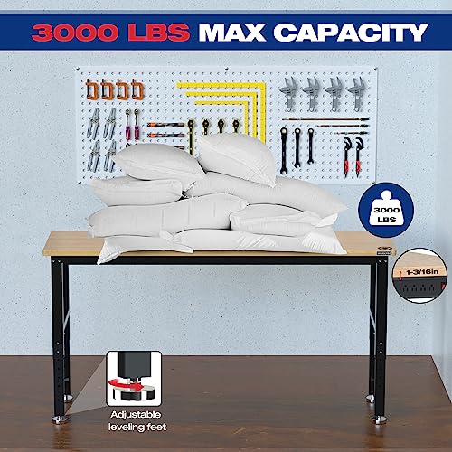 WORKPRO 72" Adjustable Workbench, 3000 LBS Load Capacity Hardwood Garage Workbench with Power Outlets, Rubberwood Top Heavy-Duty Workstation for Workshop, Garage, Home - size: 6FT workbench