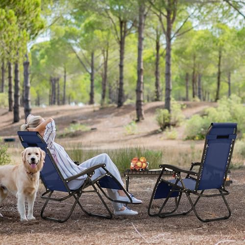 Yaheetech Zero Gravity Recliners Outdoor Adjustable Folding Reclining Lounge Chairs w/Pillows, Cup Holder Trays and Carry Strap for Patio Backyard Beach Navy Blue Set of 2 - color: Navy Blue