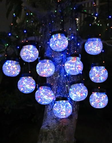 PARTPHONER Solar Lights Outdoor Waterproof 12-Pack, Solar Powered Hanging Lantern Cracked Glass Hanging Globes for Yard Decor Christmas Decoration, Shepherd Hook, Garden Tree Ornaments, RGB - color: RGB (Red, Green, Blue)