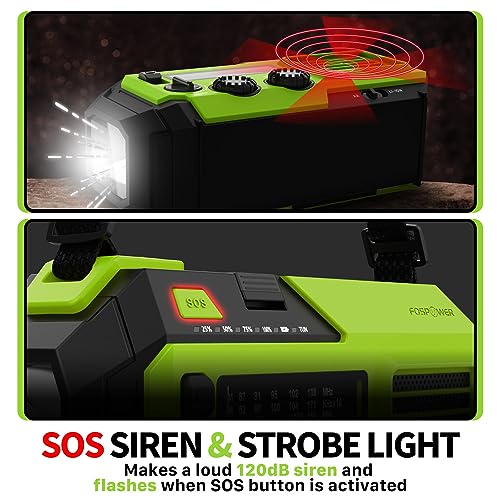 FosPower NOAA Emergency Weather Radio A6 19240mWh Portable Power Bank, AM/FM, USB/Solar/Hand Crank Charging, Battery Operated, SOS Alarm & Flashlight for Indoor/Outdoor Emergency - Green - color: 06 - Model A6 - Green