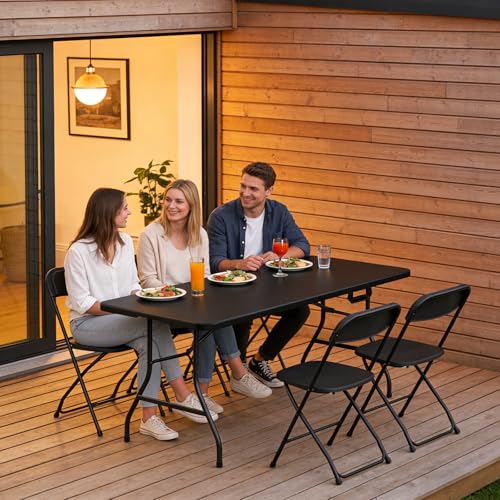 6FT Folding Table, Heavy Duty Plastic Fold-in-Half Utility Table with Handle, Portable Camping Picnic Table with Steel Legs for Indoor Outdoor Party, Dining, Black,2 Pack - color: Black, size: 6FT-2pack