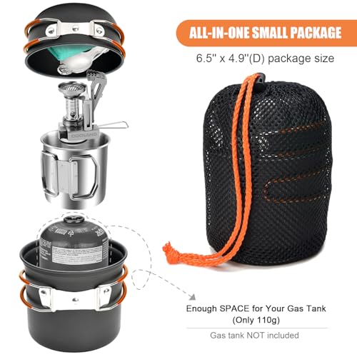 Odoland 8pcs Camping Cookware Mess Kit, Camping Pot and Pan Set with Mini Backpacking Stove, Stainless Steel Cup, Spork and Tank Bracket, Cooking Gear for Outdoor, Hiking, Picnic, Campfire - color: Red