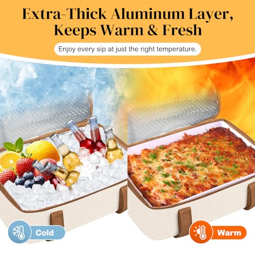 Coobiiya Insulated Casserole Carrier,Lasagna Lugger Tote Keeps Food Hot or Cold,Thermal Lunch Bag Warmer & Cooler Carrier Bag,Portable Tote Bag Fits 9" x 13" Baking Dish for Picnic and Cookout - color: Beige, size: Single Layer: 15.75 × 11.8 × 4.7 in