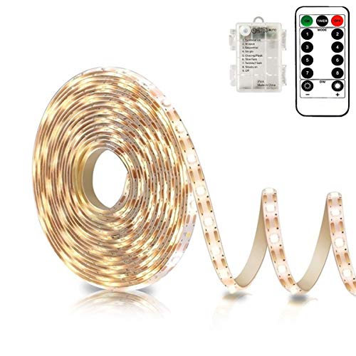echosari Battery Powered Led Strip Lights with Remote Warm White, 8 Modes, Dimmable, Timer, Self-Adhesive, Cuttable, Waterproof, 9.8FT 90Led Strip Lights for TV Kitchen Cupboard Bedroom Decor - color: Warm White, size: 9.8Ft