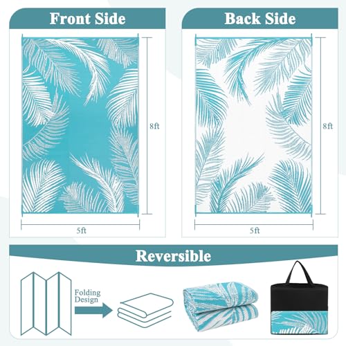 Pauwer Waterproof Outdoor Rug 5x8, Reversible Plastic Straw Patio Camping Rug, Indoor Outdoor RV Mat Carpet for Deck, Camper, Porch, Balcony, Backyard, Picnic, Leaf Teal - color: Leaf Teal, size: 5' x 8' (Rectangular)