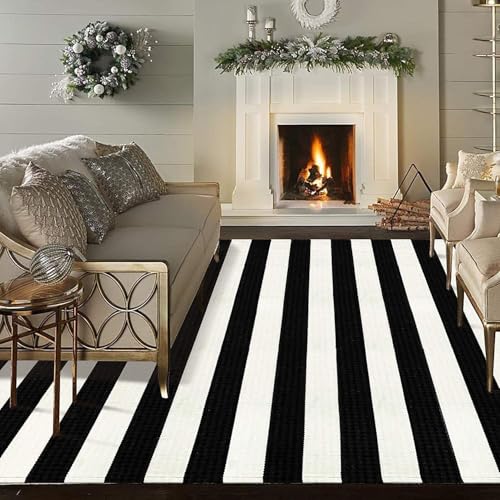 LEEVAN Outdoor Rug 5x8 Black and White Patio Decor, Cotton Washable Indoor Outdoor Doormat, Farmhouse Woven Porch Front Door Mat Reversible Foldable Rug Layered Door Mat for Porch/Front Door/Entrance - color: Black and White Stripes, size: 5' x 7'6" (Rect