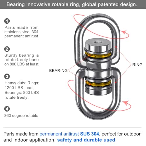 SELEWARE Heavy Duty Bearing Swing Swivel, 360° Rotational Hanging Accessory, Ideal for Tree Swing, Hammock Chair, Yoga, Kids Tire Swivel, Heavy Bag Swivel, 2 Pack, 1200LB Capacity - color: 2 Pack Swivel (E) With 4 Carabiners