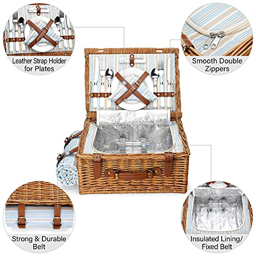 Picnic Basket Set for 2 Persons, Willow Hamper with Large Insulated Cooler Compartment, Waterproof Blanket and Cutlery Service Kit-Classical Brown - color: Light Honey Color for 2 Persons