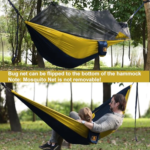Camping Hammock with Net,Travel Portable Lightweight Hammocks with Tree Straps and Solid D-Shape Carabiners,Parachute Nylon Hammock for Outsides Backpacking Beach Backyard Patio Hiking - color: Navy Blue & Yellow, size: Large