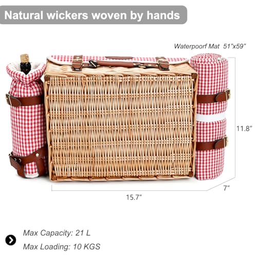 Multifunctional Wicker Picnic Basket Set for 4 with Blanket and Picnic Table, Insulated Picnic Set with Full Tablewares for Camping Outdoor Couples, Gingham - color: Gingham With Blanket &Table for 4