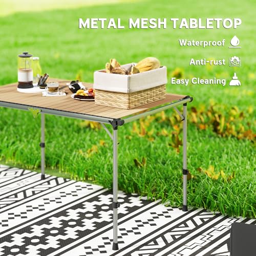 Outsunny Folding Camping Table, Adjustable Height Aluminum Table, Portable Camping Table for Picnic, Beach, BBQ, Light Brown