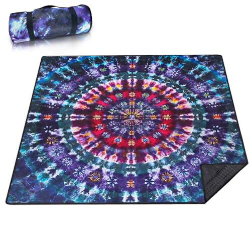 Picnic Blankets Waterproof Extra Large, 80"x 80" Outdoor Beach Blanket Sandproof Oversized Foldable Lightweight Portable 3-Layer Camping Mat for Parks,Hiking,Travel,Music Festival(Tie-dye) - color: Blue Tie Dye, size: 6'8" x 6'8" (Square)