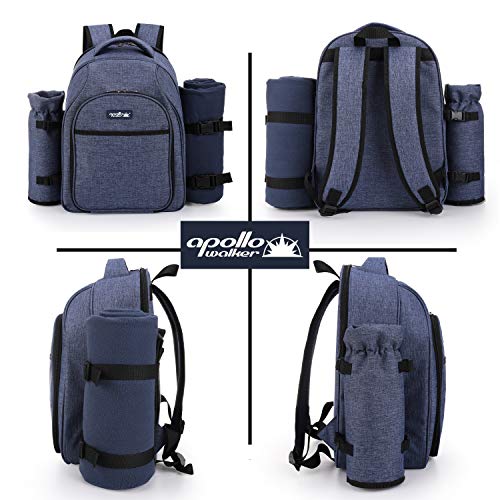 Apollo Walker Picnic Backpack Bag for 2 Person with Cooler Compartment, Detachable Bottle/Wine Holder, Fleece Blanket, Plates and Cutlery Set (2 Person, Navy) - color: Navy, size: 2 Person