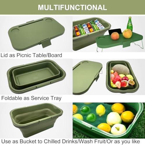 Foldable Picnic Basket Large Capacity Camping Folding Basket with Table Car Trunk Organiser Can be Used as Ice Bucket Suitable for Camping, car Storage, Home Sorting, etc.Dark Green - color: Dark Green