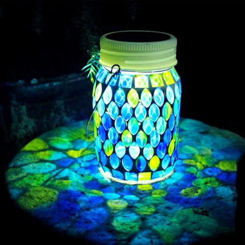 Mosaic Garden Decor Solar Outdoor Hanging Lights,Solar Mosaic Lanterns Christmas Gifts for Women Mom Grandma Halloween and Garden,Patio,Pathway & Yard Décor (Bule) - color: bule
