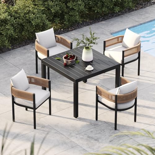 Grand patio 5-Piece Outdoor Dining Set for 4 with 1 Rectangle Expandable Table for 4-6 Person, Metal Woven Wicker Fixed Patio Chairs with Thickened Cushions for Yard, Poolside (Natural) - color: Natural, size: 5PCS