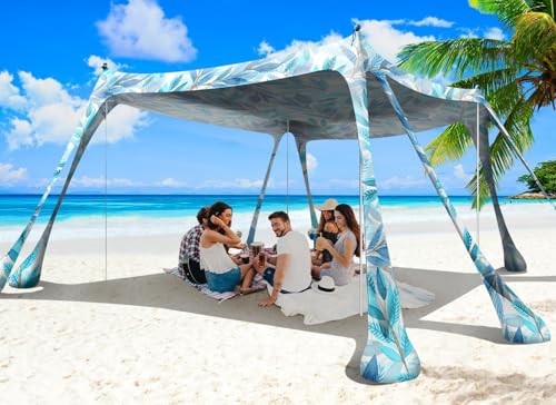 Beach Tent Sun Shelter 10x10ft Beach Canopy Easy Pop Up Sun Shade Portable UPF50+ with 8 Sandbags-2 Sand Shovel-4 Aluminum Poles-Ground Pegs for Outdoor Family Camping Fishing Backyard Picnic - color: Fronds, size: 10x10 FT 4 Pole