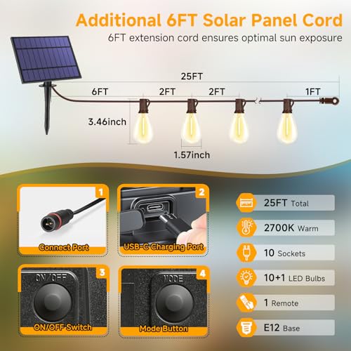 25FT Solar String Lights with Remote, 3 Lighting Mode Outdoor Waterproof Dimmable Patio Lights String with 10+1 Shatterproof S11 LED Bulbs for Backyard-Brown - color: Brown