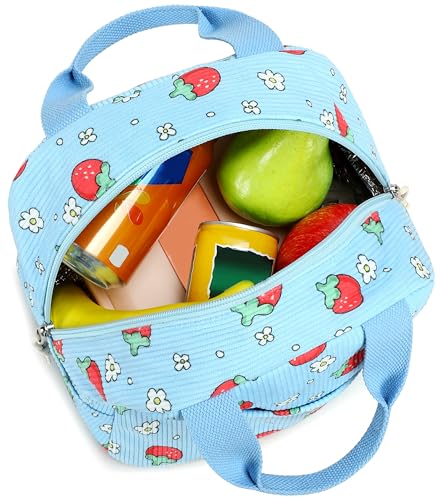 LEDAOU Lunch Box for Women Insulated Lunch Bag Corduroy Lunch Tote Bags Leakproof Cooler Lunch Case for Travel Work Picnic (Blue Strawberry) - color: Blue Strawberry