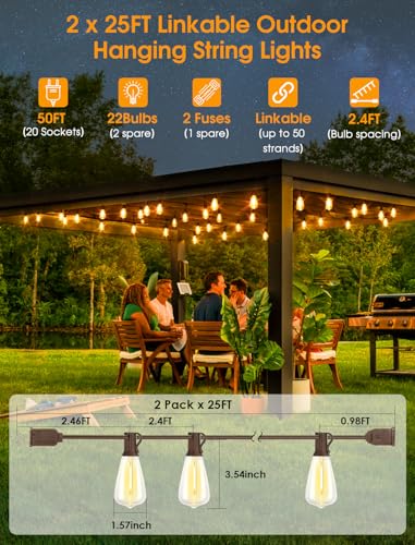 Larkvue 50FT(2x25FT) Outdoor String Lights, Patio Lights with 20+2 LED Dimmable Waterproof ST38 Vintage Shatterproof Bulb for Bistro Cafe Fence, Brown - color: Brown, size: 50FT